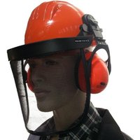 Bauhelm mit Gesichts- und Gehörschutznetz orange